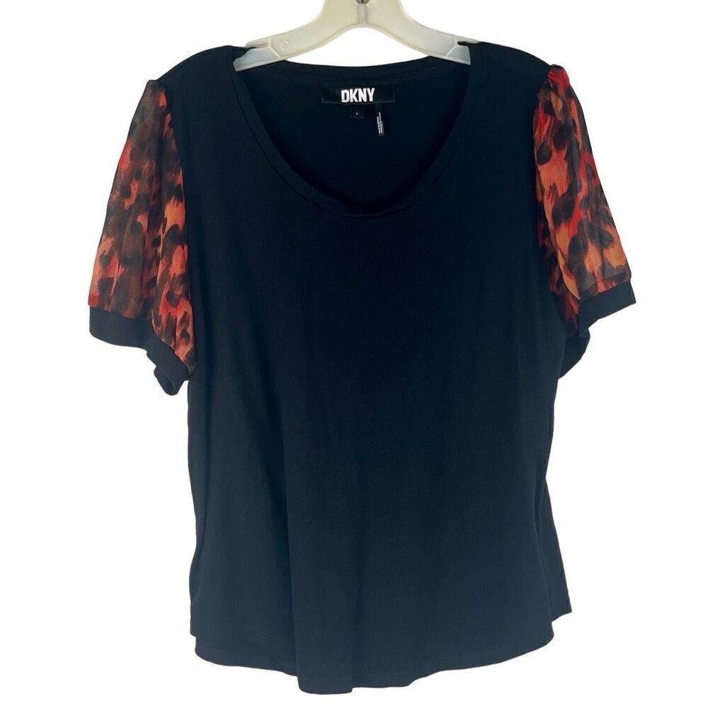 DKNY Animal Print Sheer Short Sleeve Puff Sleeve Blouse Large